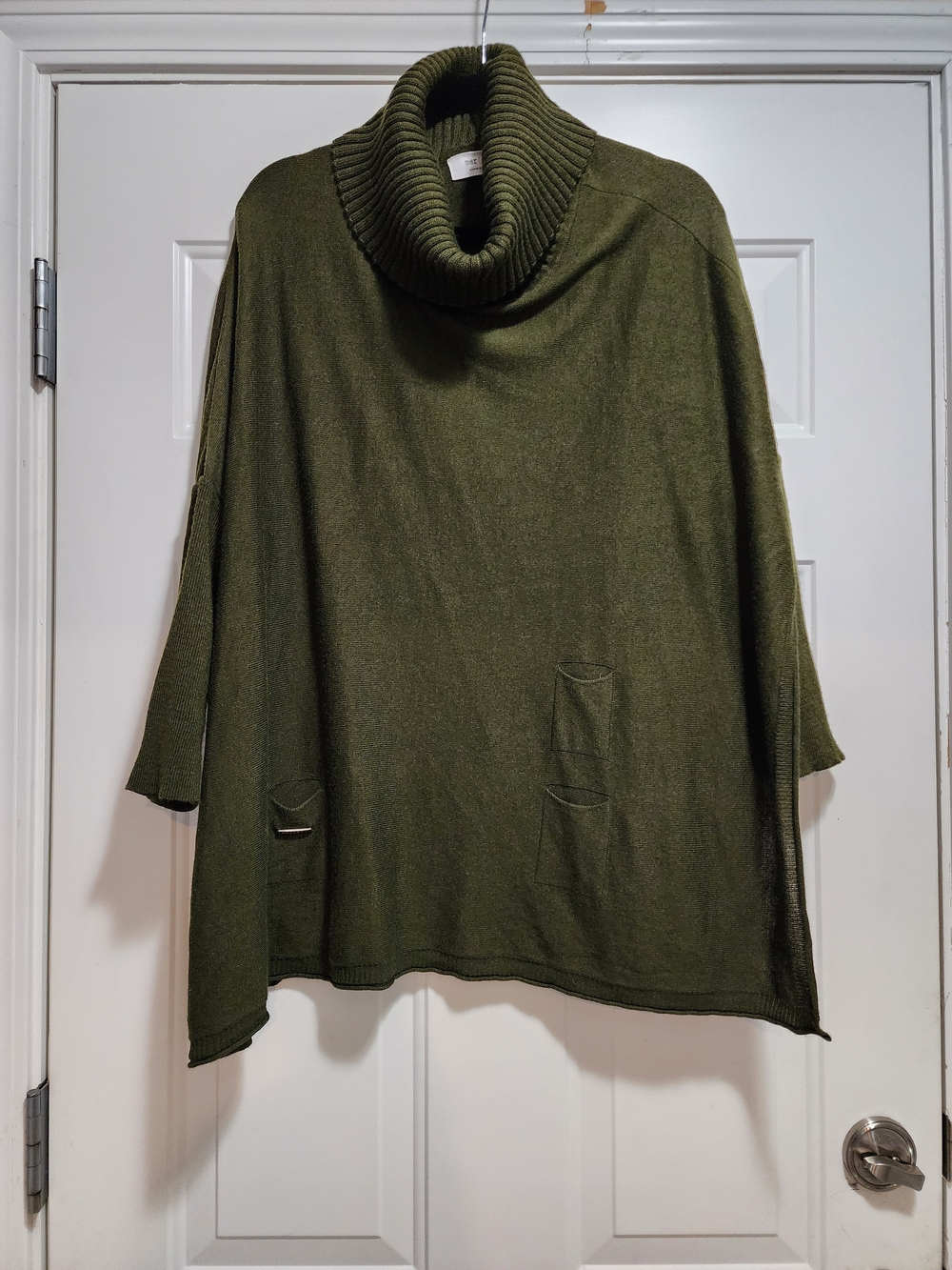 mer sea Boho Olive Green Cowl Neck Poncho Sweater Pockets 3/4 Sleeve OSFM